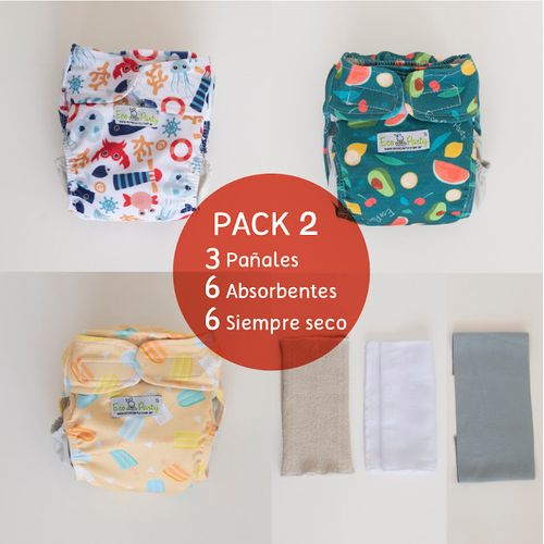 Pack A: talle L (10 a 18 kg del bebé) 3 pañales ecológicos + 6 absorbentes+ 6 siempre seco eco party